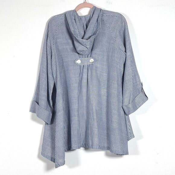 Jones & Co Linen Blend Hooded Jacket Womens Sz L Blue Striped Roll Tab Sleeves - Picture 5 of 11